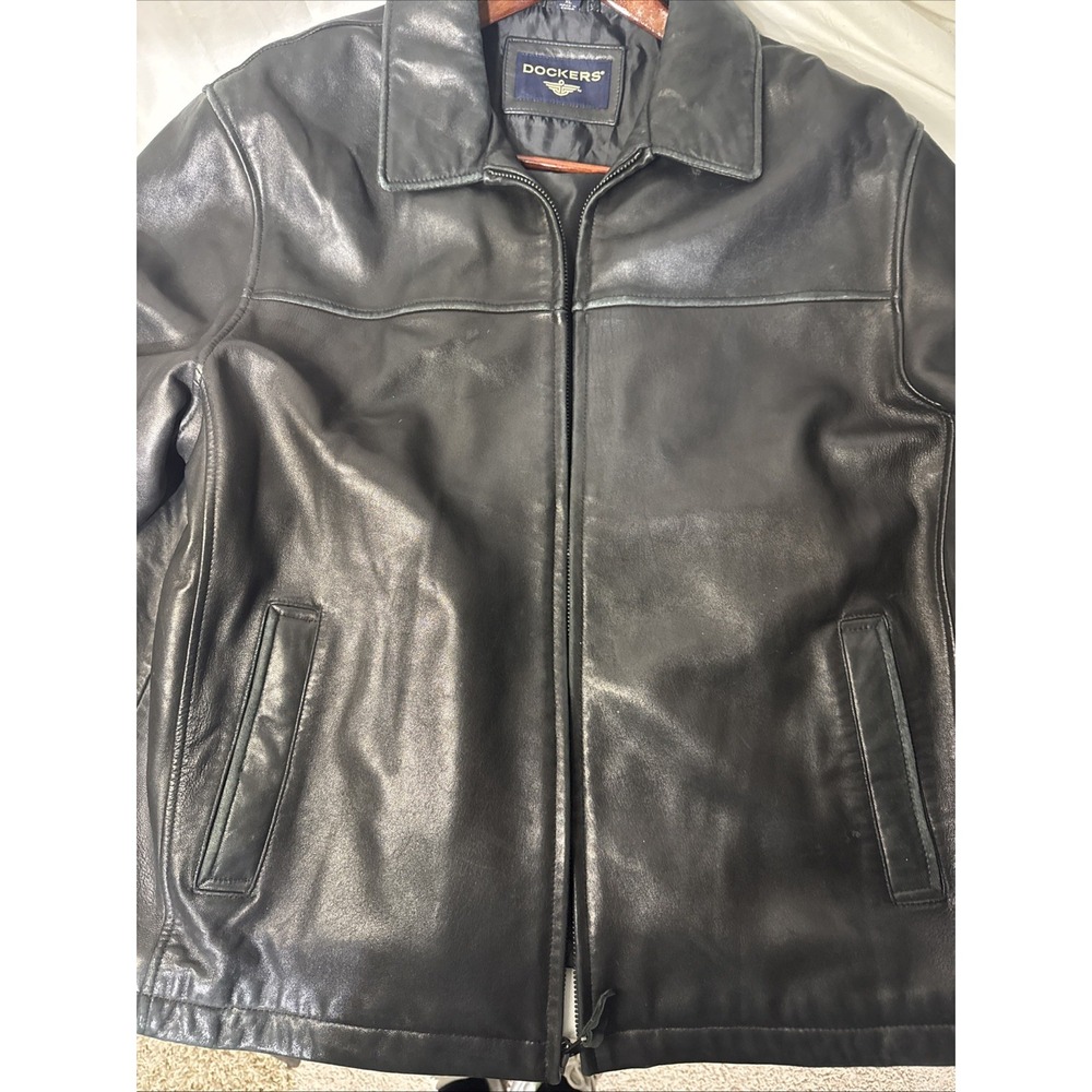 DOCKERS Soft Lamb Leather Coat Dark Brown/Black Mens XL Full Zip Mid Length Soft